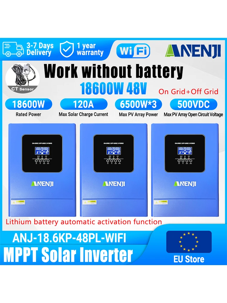 ANENJI 18.6KW 48V Hybrydowy Inwerter Solarny 230VAC Paralelny Sieciowy Czysta Fala Sinusoidalna 120A MPPT Ładowarka Solarna PV 500VDC z Czujnikiem CT — 2