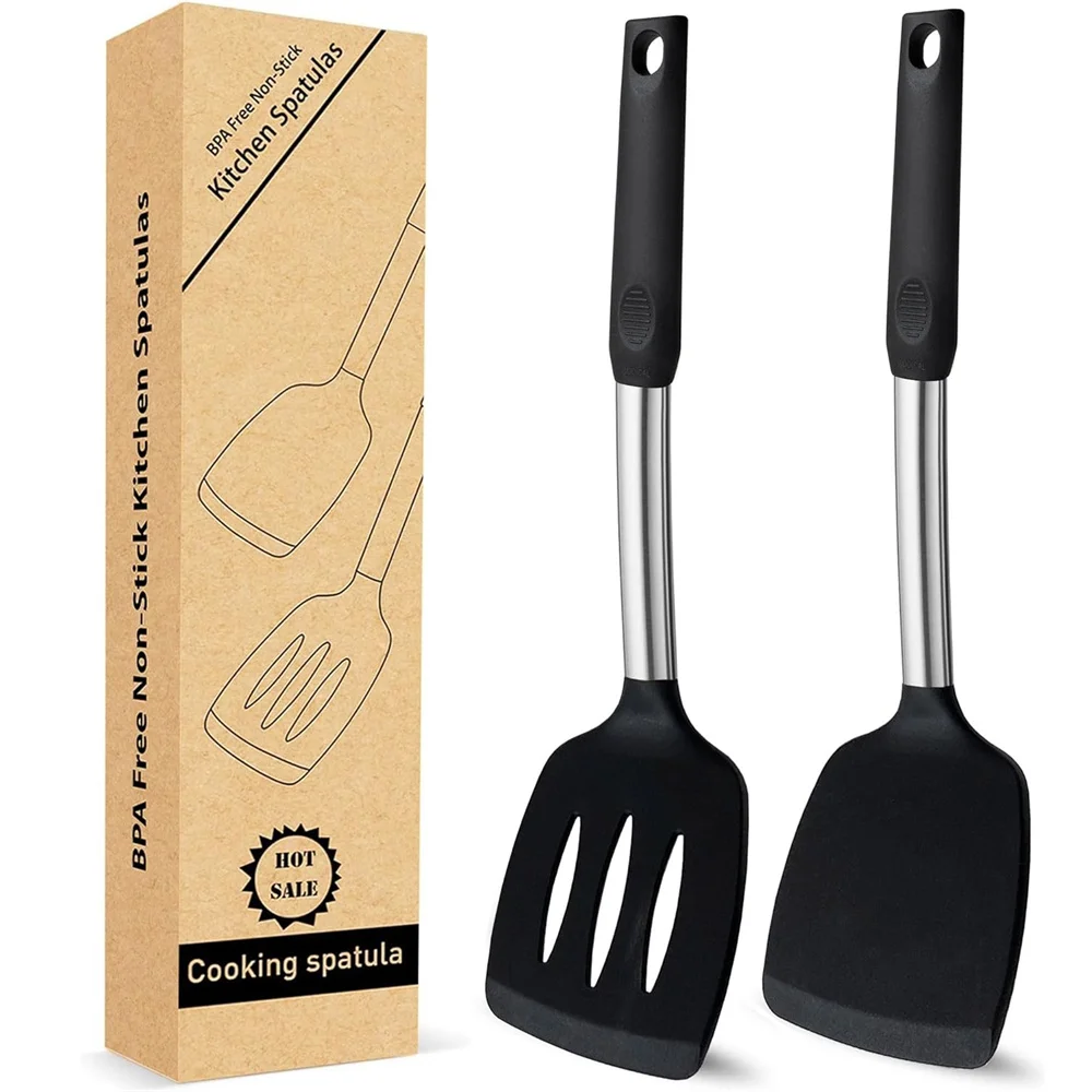 

2 Pieces Silicone Spatula Kitchen Cooking Utensils Stainless Steel Tight Spatula Leaky Spatula Non-stick Cookware Kitchen Tool s