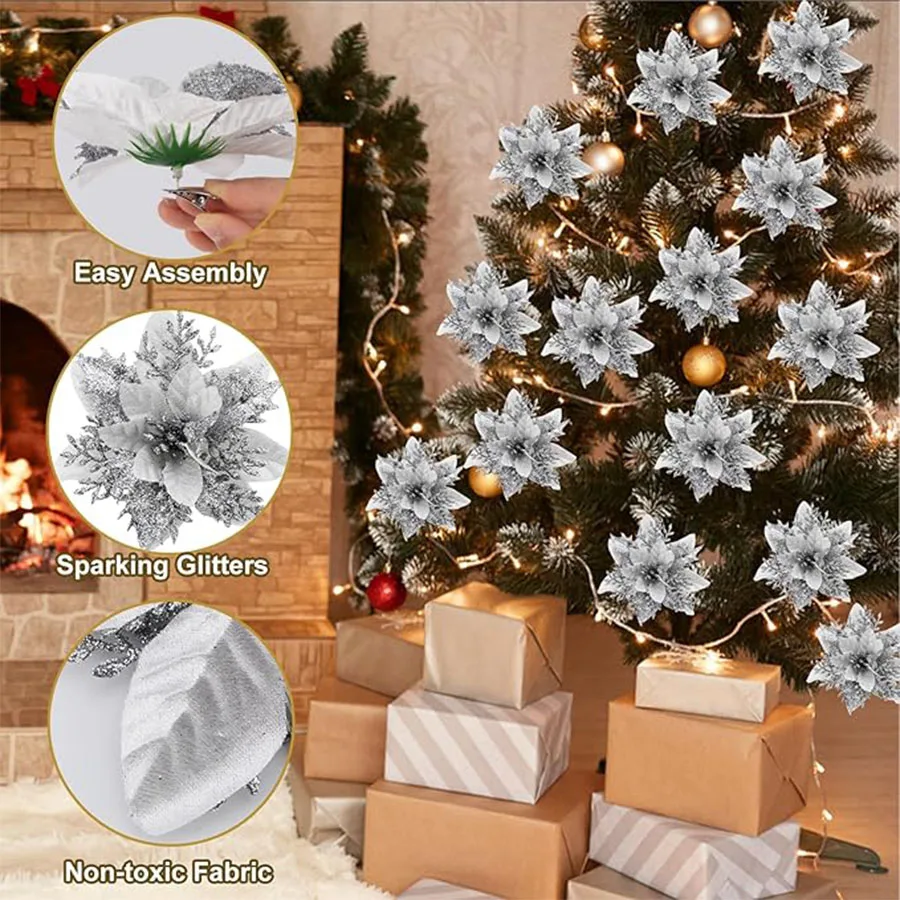 10 Stück 14cm Glitzer-Weihnachtssterne Künstliche Blumen mit Clips DIY Weihnachtsbaum-Ornamente Kranz Kamin-Dekorationen – Detail 7
