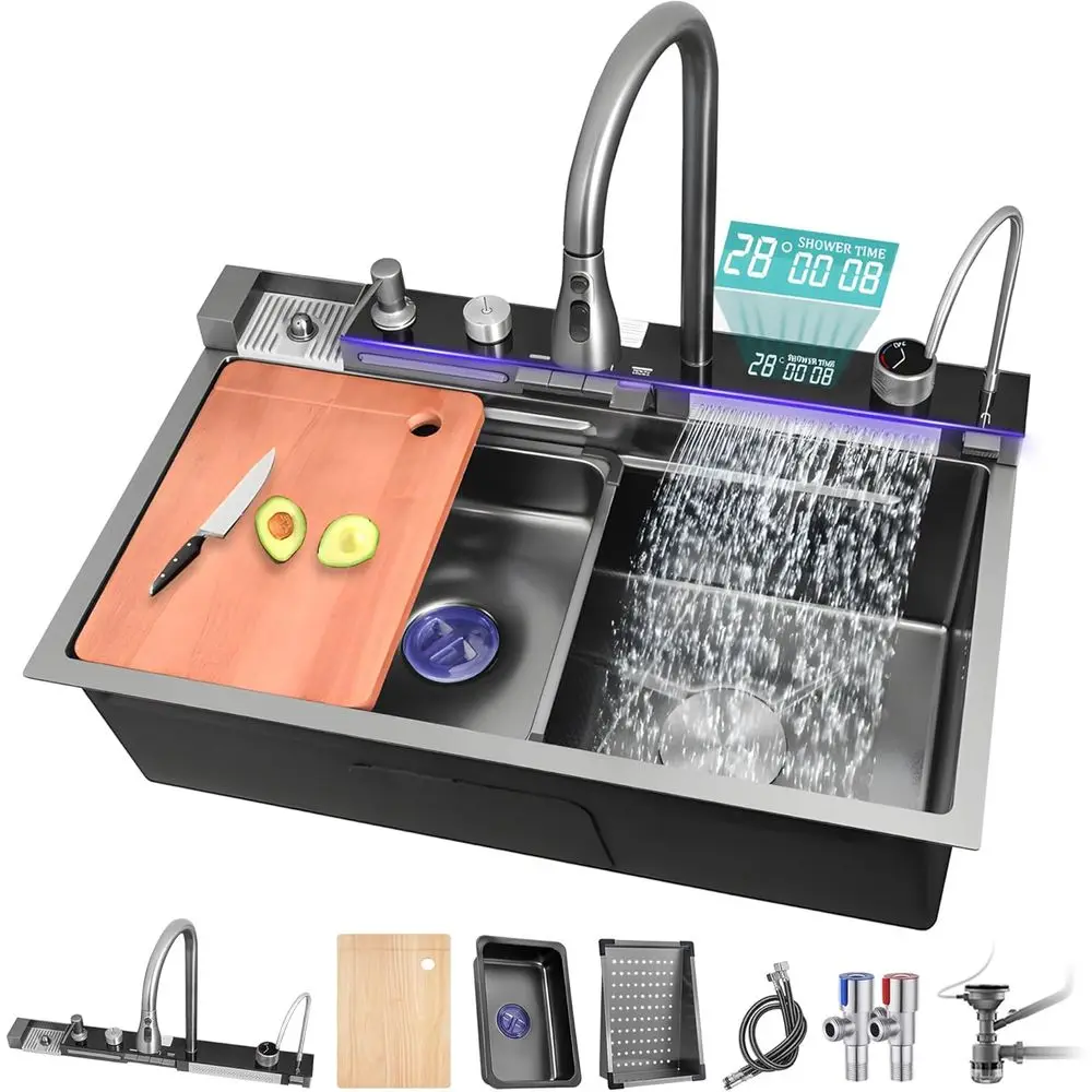 

Luxury 31.5 Smart Waterfall Kitchen Sink - 304 Stainless Steel, 16 Gauge, Large Single Bowl with Temperature Display