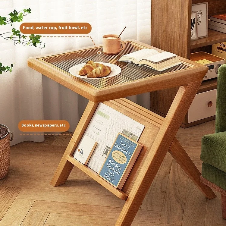 #Modern Japanese Style Solid Wood Small Square Side Table Pattern Coffee Table Glass Top Bedside