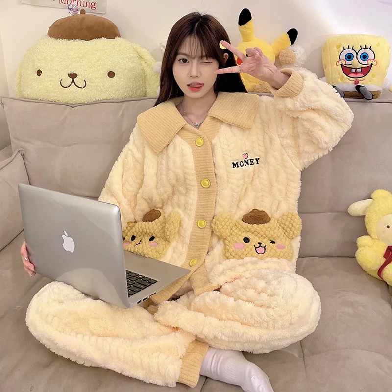 Sanrio Girl Flannel Flip Collar Keep Warm Long Sleeves Pajama Set Winter Kawaii Pompom Purins Comic Thickening Home Clothes New