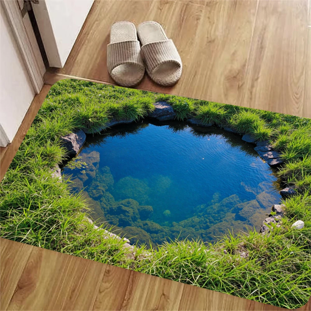Green Grass Pond Welcome Rug 3D Clear Water Pool Doormat Nature Garden Entrance Carpet Balcony Sunroom Patio Floor Decor Mat