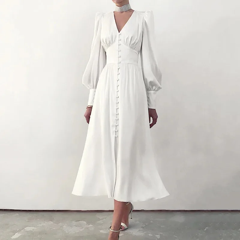 Elegante satijnen damesjurk met lange mouwen, V-hals, slanke pasvorm, avondfeestjurk, chique outfit voor formele gelegenheden, feestevenementen