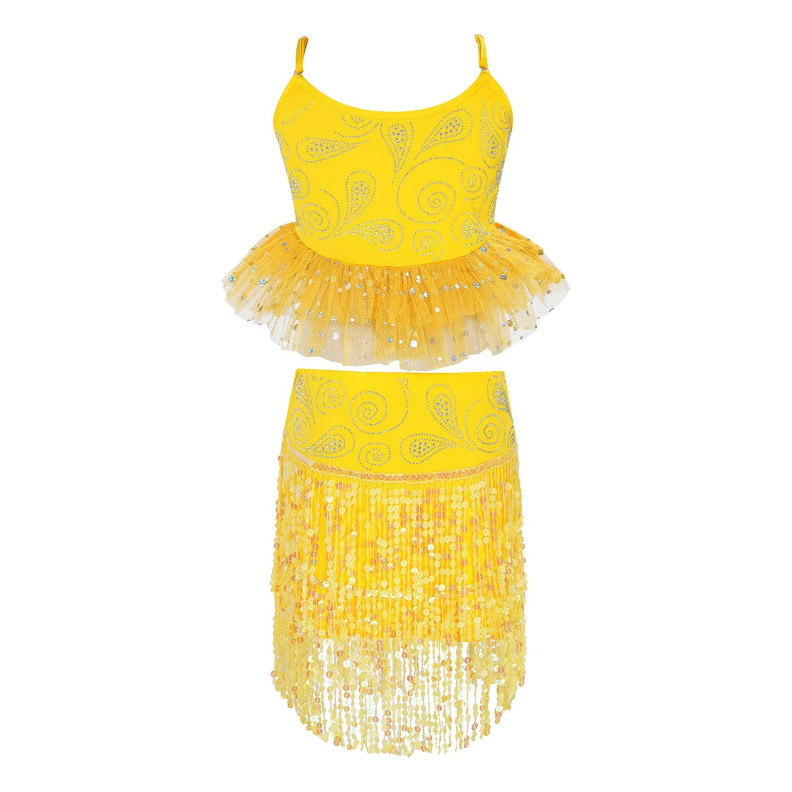Kids Girls Latin Dance Outfit Children Latin Dance Costume Tulle Peplum Top with Sequin Tassel Skirt for Performance Competition
