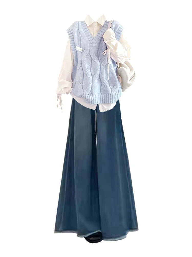 Korean mat Winter Blue Knitted Tank Top irt Slim Wide Leg Jeans Set Women's Faion Casual High Waist V-Ne Long Sl...