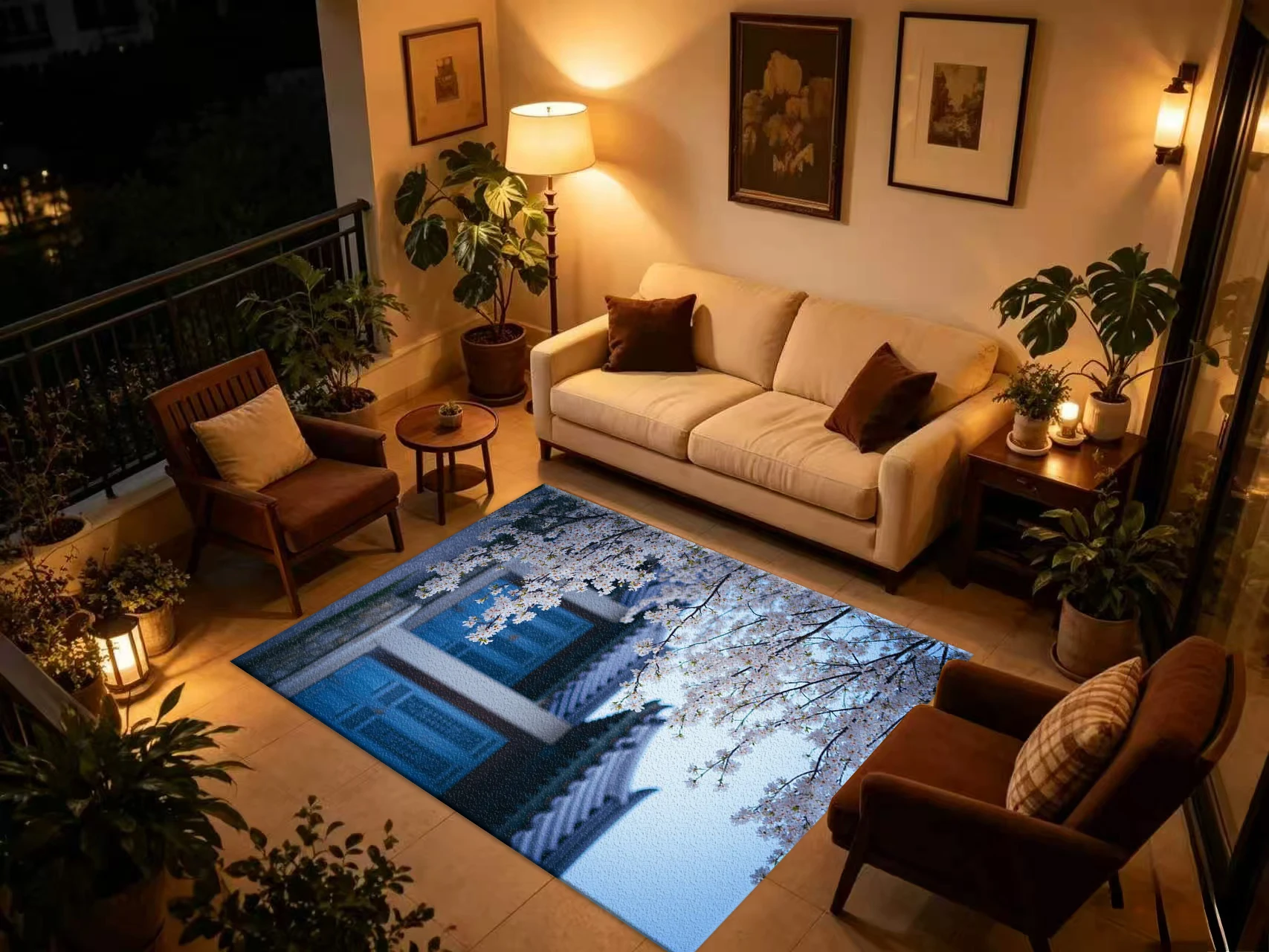 White Cherry Blossom Traditional Building Carpet Flooring, Oriental Scenery Non-Slip Area Rug for Living Room Bedroom Home Decoration