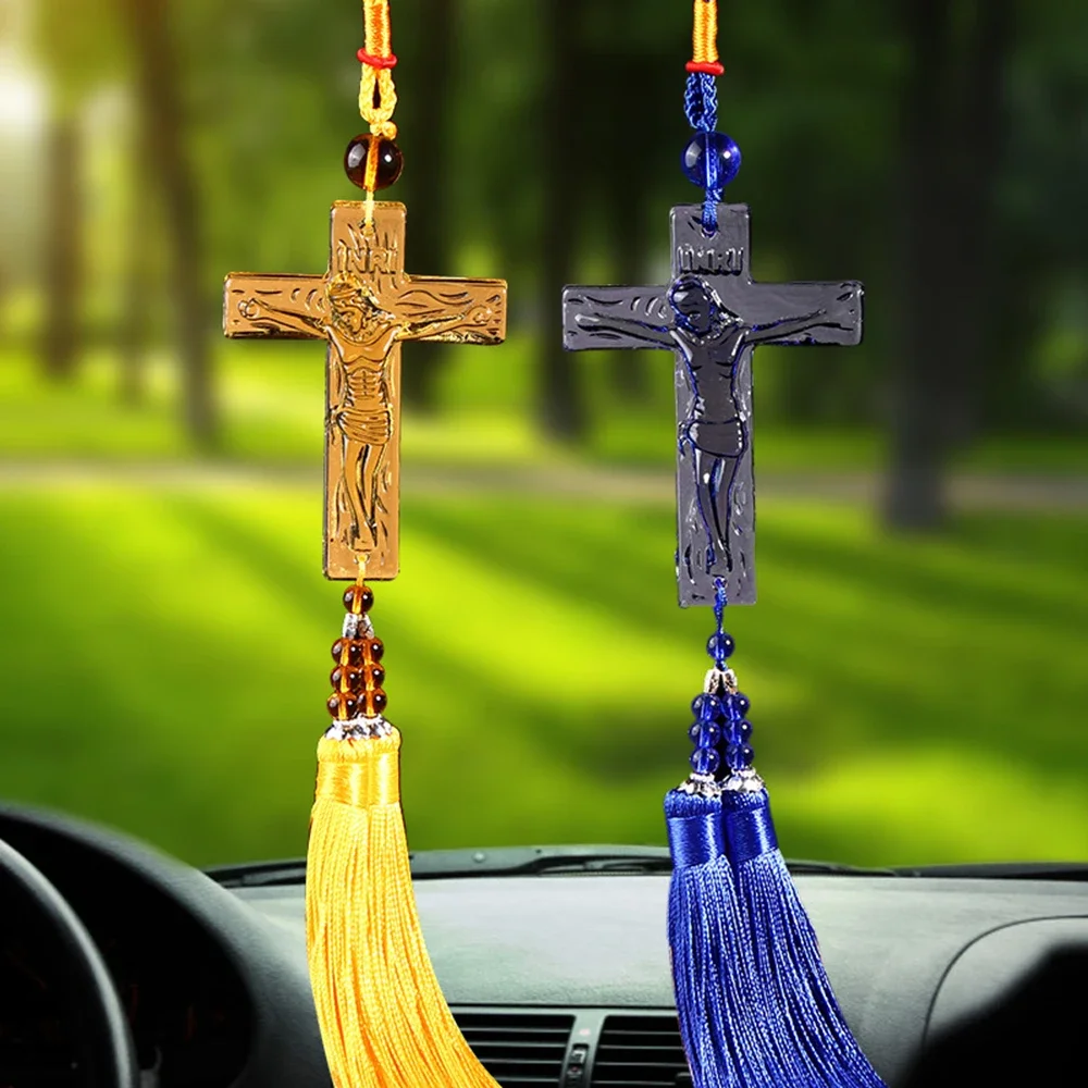 Car Pendant Crystal Jesus Christ Cross Christianity Auto Interior Rearview Mirror Decoration Hanging Ornament Accessories Gifts