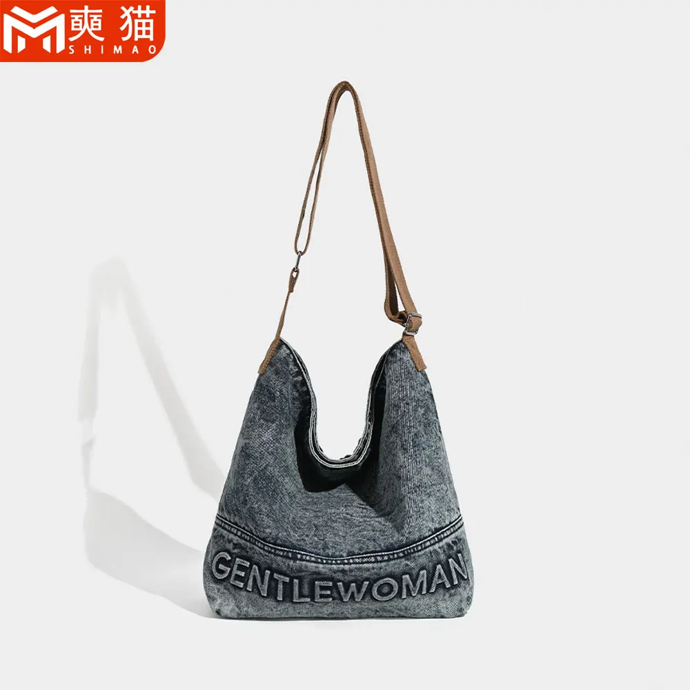 

Jeans Cross-Body Shoulder Bag For Women Girl Student Simple Casual Retro Lazy Artistic Style Large Capacity Denim Cross-Body Bag