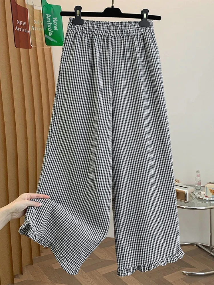 

Retro Plaid Wide Leg Pants Women Summer Elastic Waist Loose Wooden Straight Casual Drapey Nine Points Pants