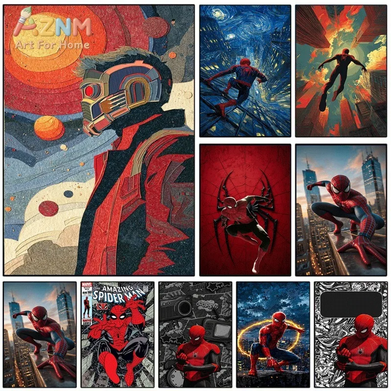 Star‑Lord Spider‑Man Canvas Wall Art Van Gogh Style Superhero Unframed Canvas Print Art Poster for Boys Bedroom Living Room Man