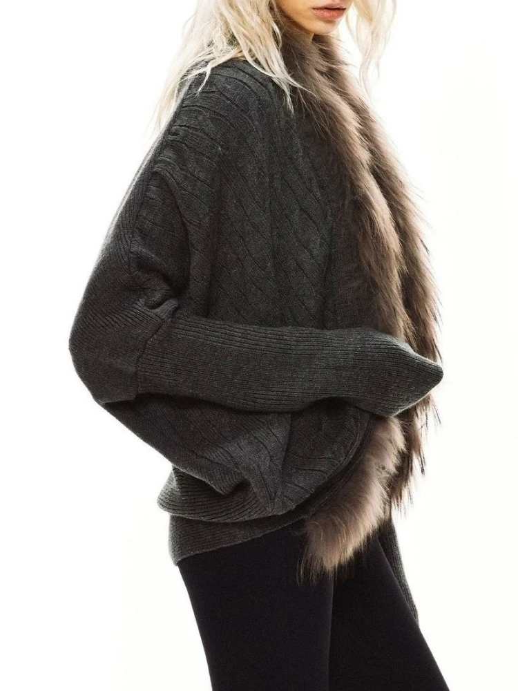 Y2k Aesthetic Gray Twist Cardigan Jackets Fur Patchwork Streetwear Vintage Grunge Tops Winter Batwing Sleev ​harajuku Sweater