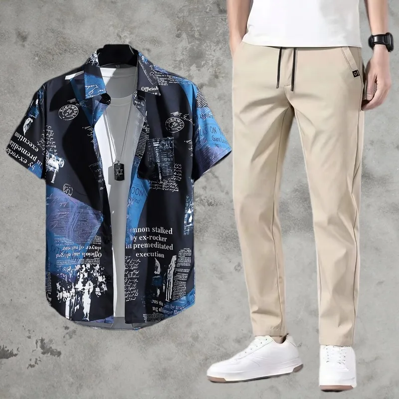 

Mens Short Sleeve Print Shirt and Trousers Set Breathable Top and Pant Comfortable Summer Stylish Outfit