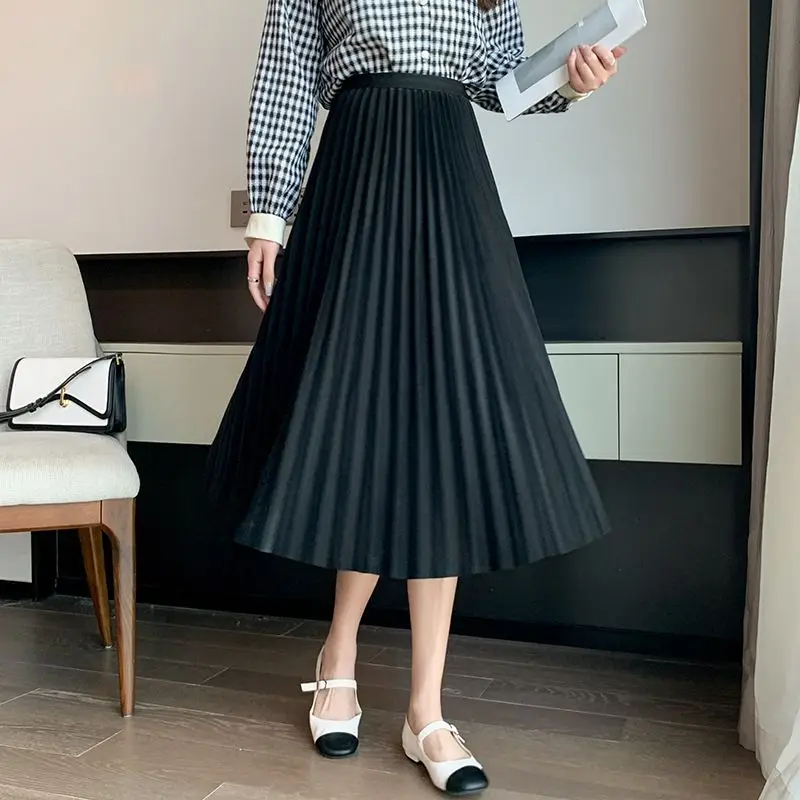

A-Line Midi Skirt with Pleated High Waist And Wide Hem Vintage Style Slimming Half-length Spring Summer Loose Fit Citywalk