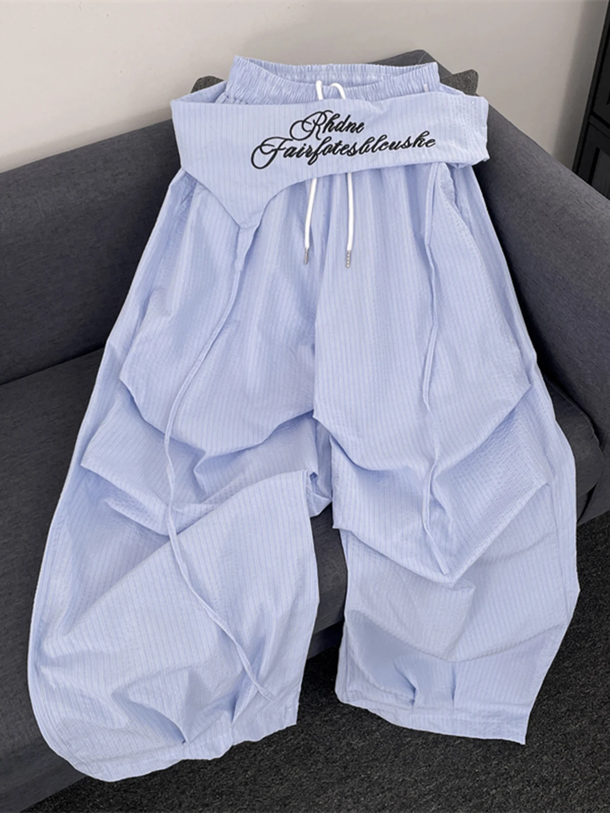 

Retro American Embroidered Striped Wide Leg Pants Women's Summer Tie Soldier Pants Thin Design Long Pants Casual Straight Leg