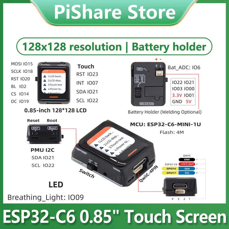

T-QTC6 ESP32-C6 0.85 inch LCD Development Board 0.85inch TouchScreen128x128 Resolution Battery Holder