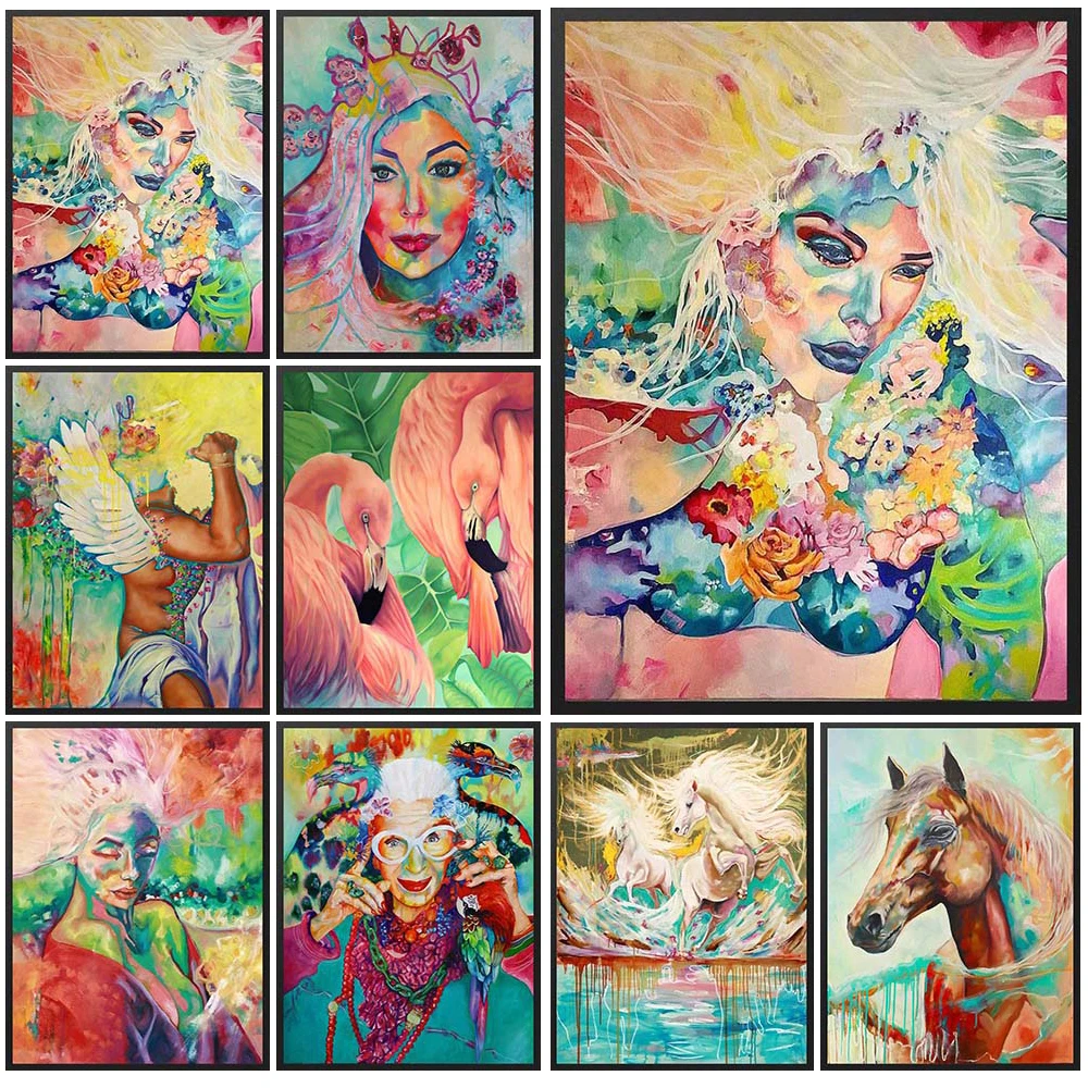 Watercolor Girl Flamingo Prints Poster Wall Art Canvas Painting Posters Home Decor Wall Pictures For Living Room Unframed