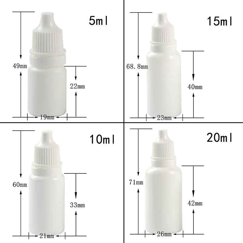 5 ml, 10 ml, 15 ml, 20 ml, 30 ml, leere weiße Kunststoff-Tropfenwasserflasche, Tropfbehälter für ätherische Öle