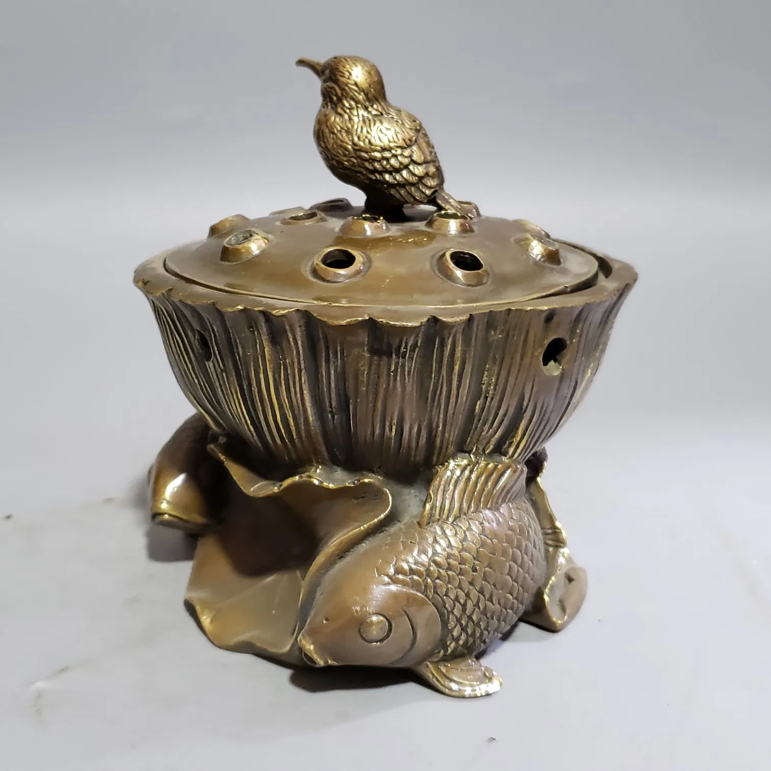 Old copper fish&bird censer statue