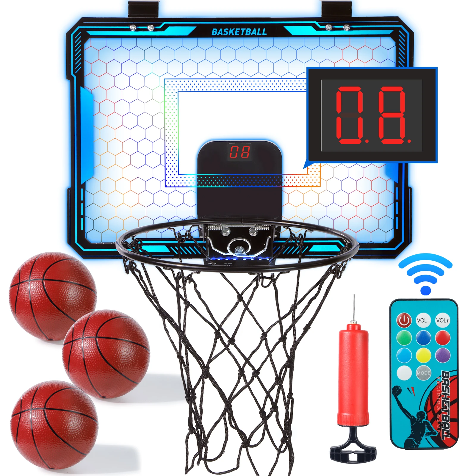 Indoor Over-the-Door Basketball Hoop with Scoreboard,Color-Changing Light-Up Backboard,for Kids and Adults,Halloween/Christmas