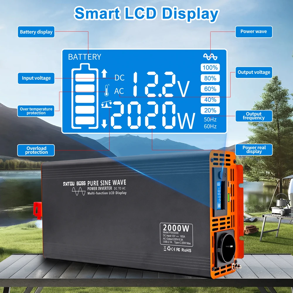 DATOUBOSS 2000W Wechselrichter DC 12V/24V/36V Reiner Sinus-Wechselstrom AC 220V Stromwandler für Zuhause, LKW und Auto mit USB Typ C LCD – Detail 4