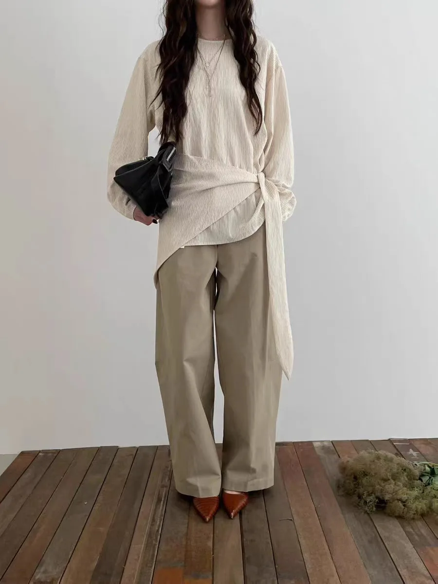 高品質通勤OLスレワイドレッグカジュアルパンツレディースハイウエストスリムルーズロングパンツコットンストレートカットパンツ