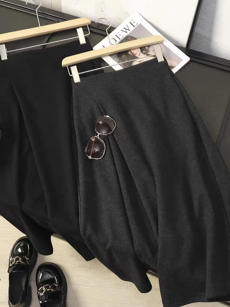 Ele Commuter Acetaat Wol Hoge Taille A-lijn Rok Vrouwen Herfst Winter Lange Rok Ci Woon-werkverkeer Geplooide Rokken