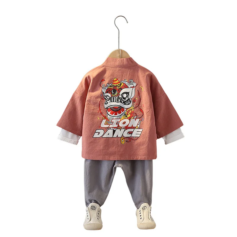 Autunm Kids Cotton Cartoon Print Tang Suit Long Sleeve Photography Clothing Boys Chnese Lovely Traditional Three Piece Set Hanfu