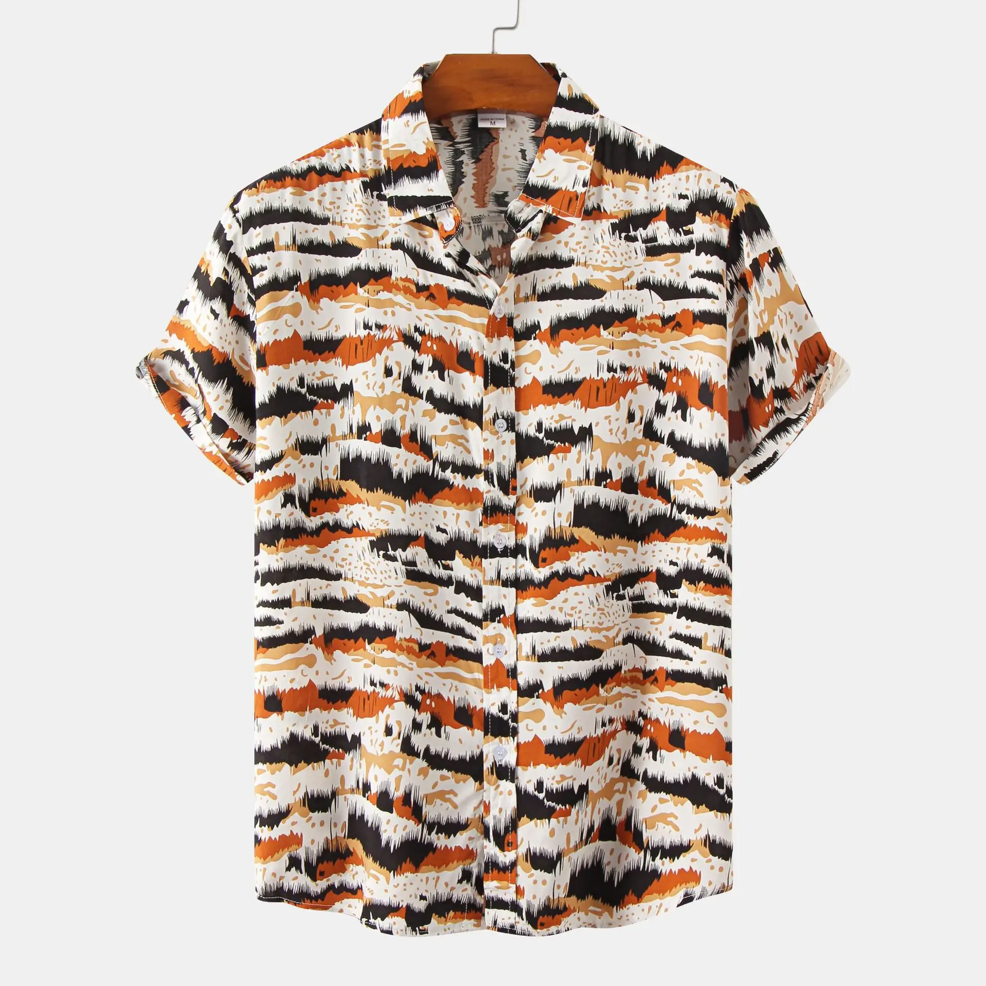 2026 NEW  Retro Yellow Gray Blue Geometric Diamond Print Men's Summer Breathable Daily Loose Hawaiian Shirt