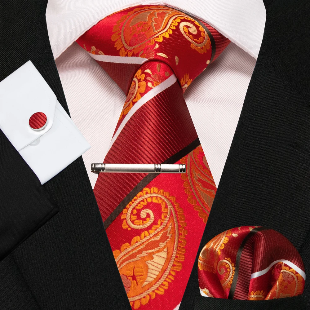 KAMBERFT Neue Klassische Seidenkrawatte für Herren Rot-Gold Gestreift Herrenkrawatte Taschentuch Manschettenknöpfe Set Hochzeit Business Party Gravatas – Detail 21