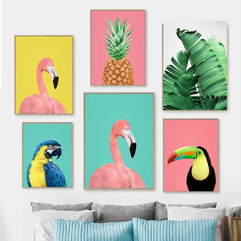 Vintage Toucan Bird Tropical Plants Flamingo Parrot Pineapple  Art Poster Canvas Painting Wall Print Picture for Room Home Decor