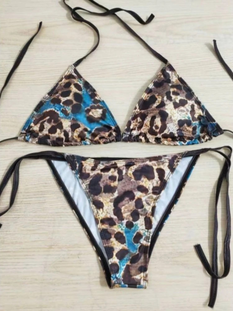 Y2k Vintage Leopard Print Halter Strappy Bikini Set Women American Retro Beach Style Swimwear Spice Girl Sexy Slim Swimsuit New
