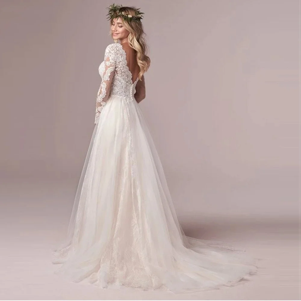 Elegant A Line Boho Bridal Gown For Women Long Sleeve Sweetheart  Lace Appliques Wedding Dress Customized Princess Dresses