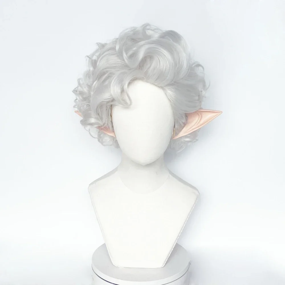 Astarion Cosplay Wig Baldur's Gate3 Cos Vampire Cosplay Wig Heat Resistant Synthetic Hair Silver Short Curly Wigs with Ears