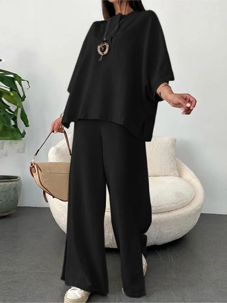 Spring Summer Women Solid Top Causal Pants Suit Fashion V Neck Office Black Wide Leg Pants Loose Female Sets New Holiday Set