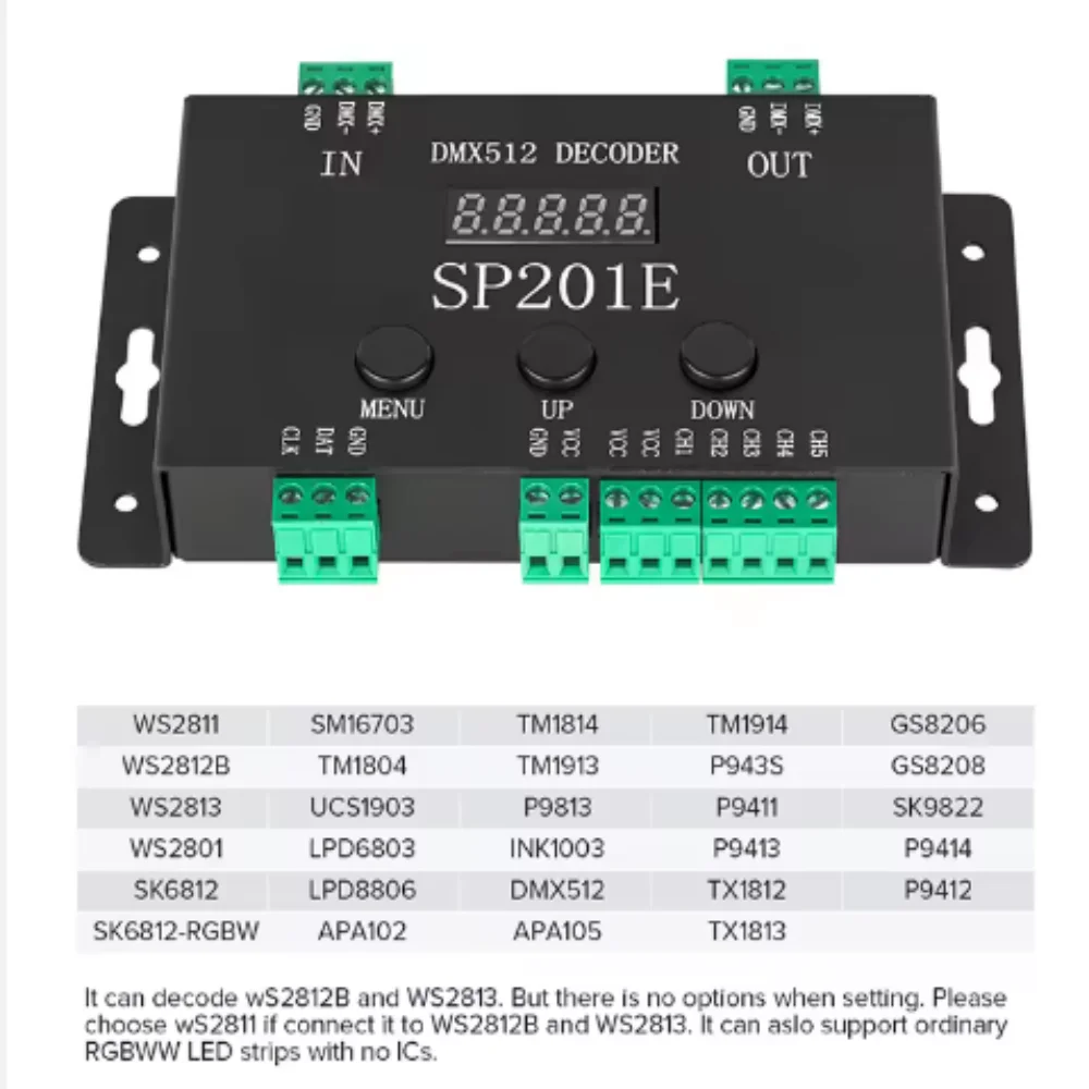 SP201E/SP901E led dmx 512 controller LED decoder for RGB pixel strip light led strip light controller WS2812B ws2811 led dimme