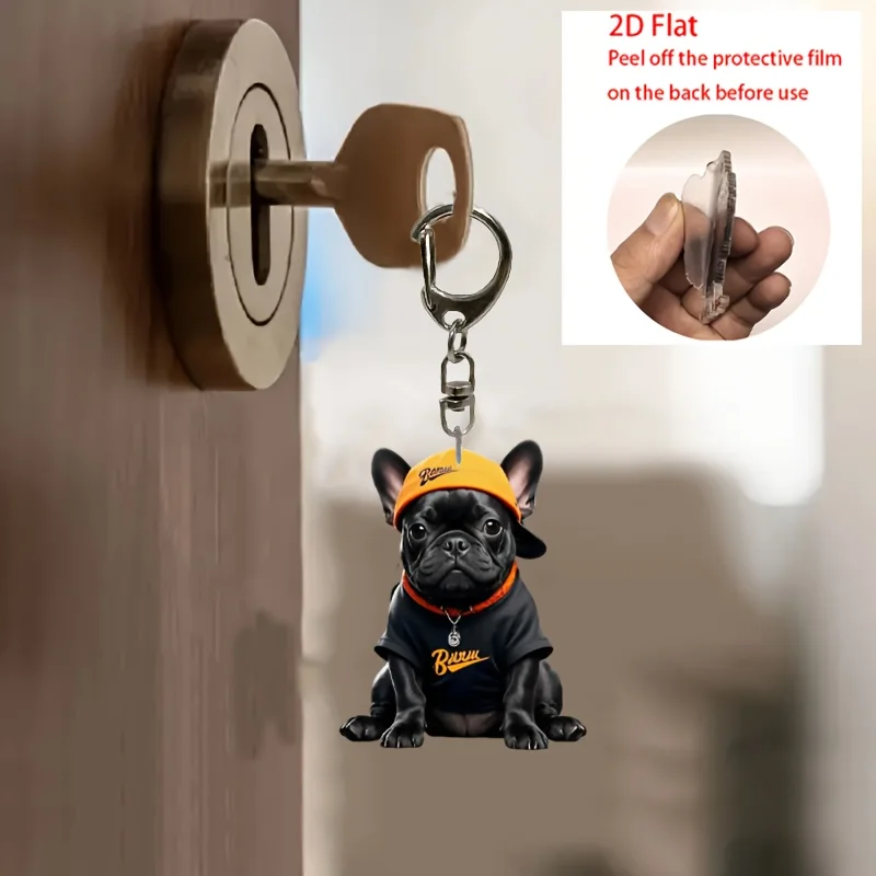5sets Cute French Bulldog Keychain Including 2D Acrylic Pendant & Thank You Cards & Gift Yarn Bags Schoolbag Creative Decoration