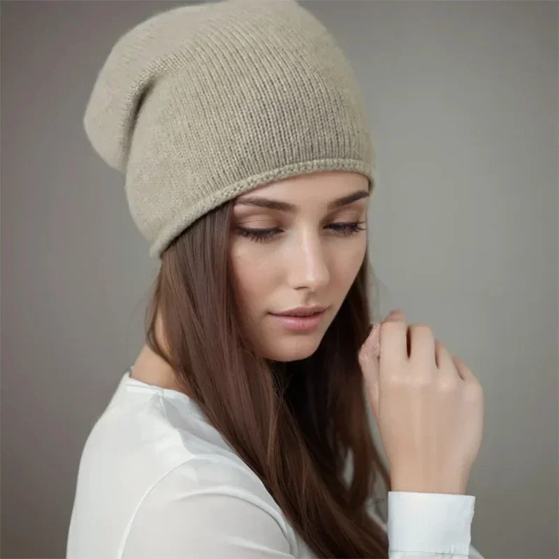 Women 35% Cashmere Plain Knitted Slouchy Beanie Hat Simple Solid Caps Rolled Hem Soft Wool Winter Spring Warm Sleep Hair Bonnet