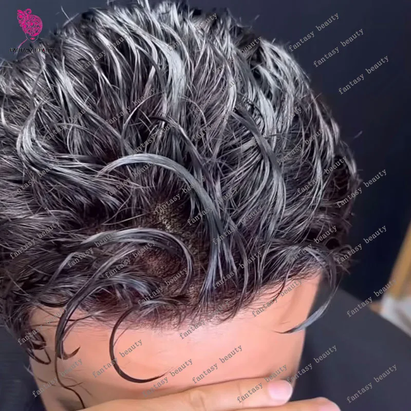 Peluquín para hombre negro de Pu de piel completa súper duradero 100% cabello humano línea de cabello Natural micropiel 1B80 1B65 1B20 prótesis capilar gris