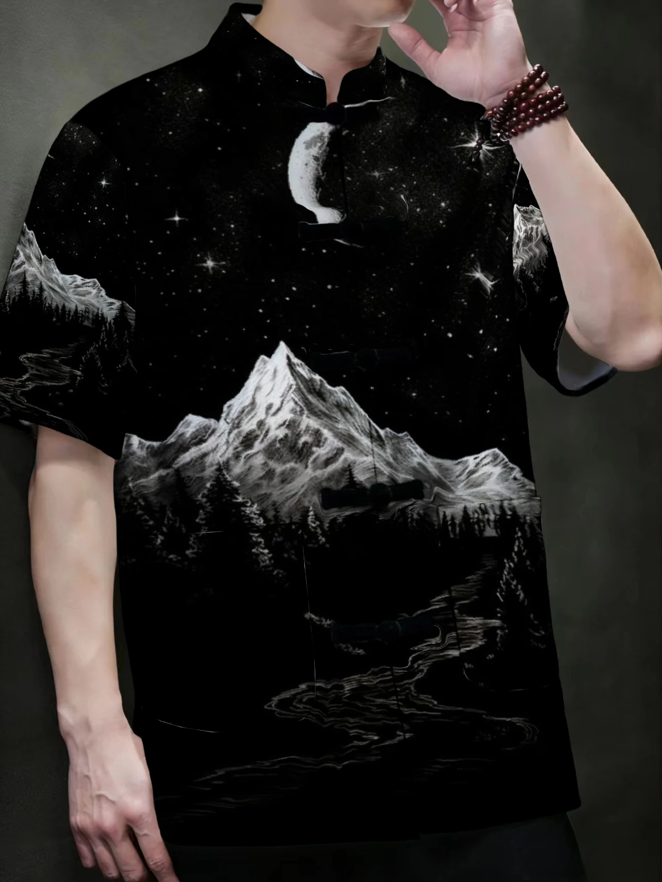 Mens Mens Stand Collar Tang Top Night Sky Mountain Print Frog Button Light Blouse - Aliexpress Deal