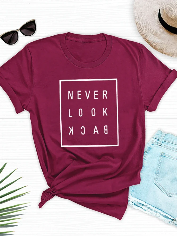 Nunca olhar para trás carta impressão t camisa feminina manga curta o pescoço solto tshirt verão camisa feminina topos camisas mujer