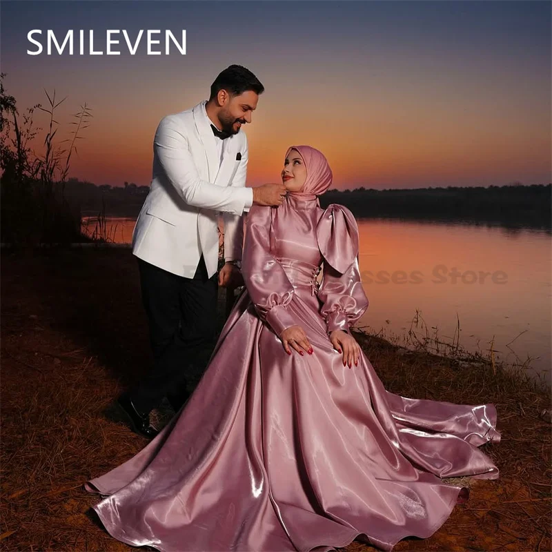 Smileven-vestidos de graduación brillantes, color rosa, modestos, mangas largas, vestido de noche de fiesta de lujo, Arabia Saudita, personalizado, 2025