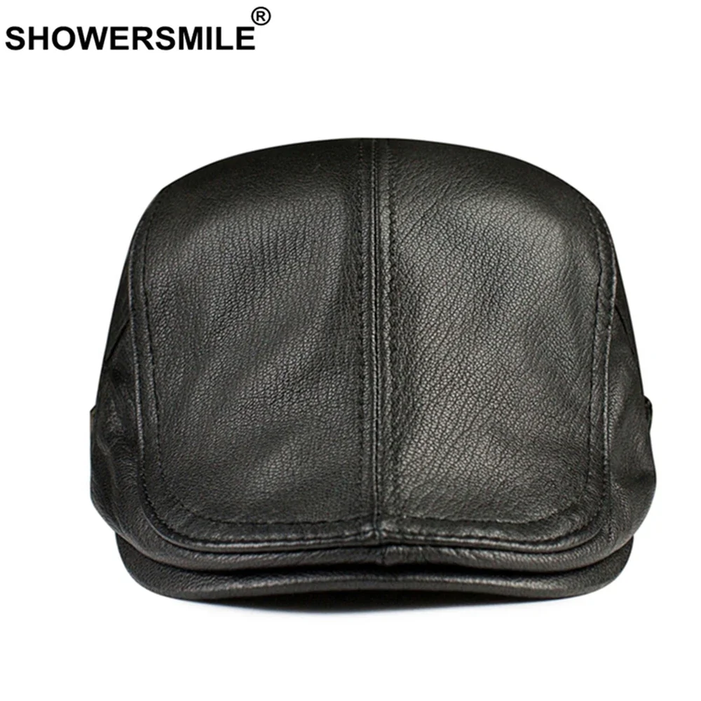 SHOWERSMILE Winter Hats for Men Flat Cap Genuine Leather Newsboy Cap British Style Cowskin Adjustable Brown Black Mens Beret