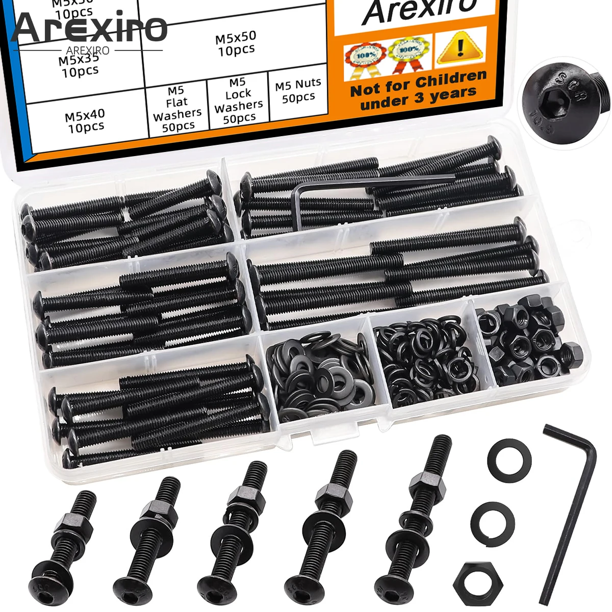 200PCS Black M5 Button Head Hex Socket Socket M5x30/35/40/45/50mm Metric Screw Bolt Nut Washer Combo Kit Grade 10.9 Carbon Steel