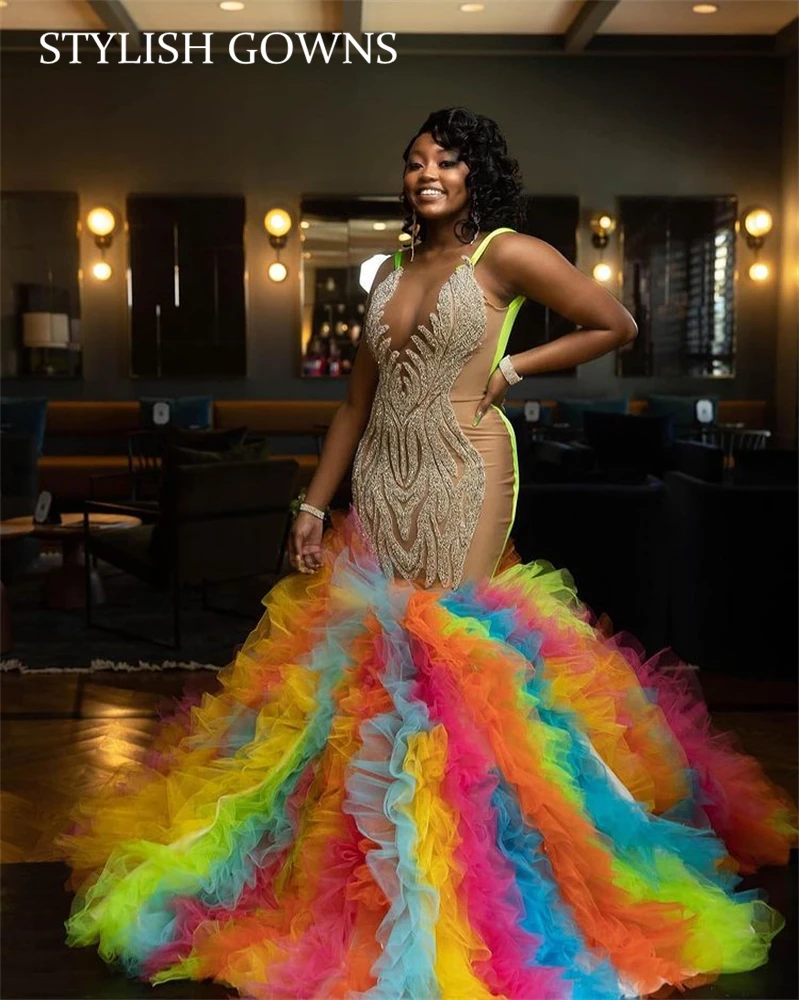 Robe de Rhlongue à volants colorés, robes de sirène de célébrité, robe de soirée, quelle que soit perlée, chérie de luxe, fête d'anniversaire