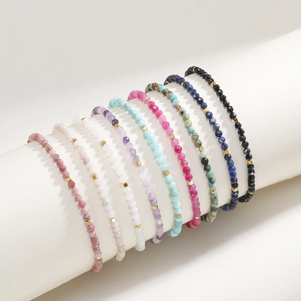 Muliti-color 3mm Faceted Nature Stone Beaded Bracelet For Women Shiny Stainless Steel Square Spacers Exquisite Party Gift