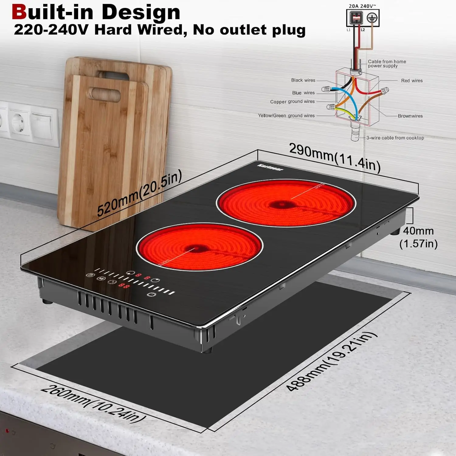 Karinear เตาไฟฟ้า12นิ้ว2หัว, ท็อปเคาน์เตอร์และในตัวโครงโลหะป้องกันการเลื่อนการควบคุมแบบแข็งแบบมีสายไม่มีปลั๊ก