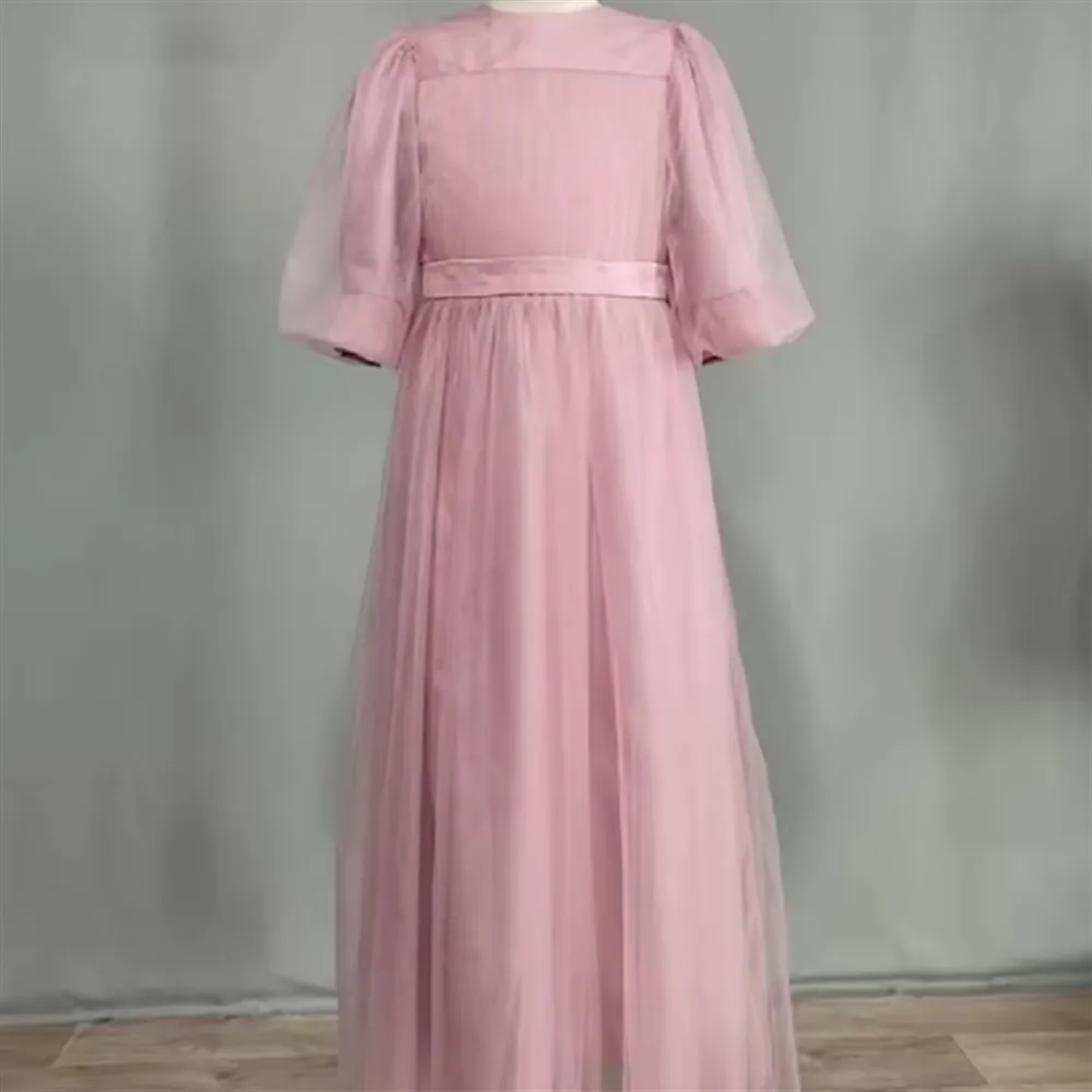 Abito da sposa personalizzato per ragazza di fiori con volant e cintura con fiocco, maniche a sbuffo, abito da festa di compleanno, abito da prima comunione per damigella d'onore