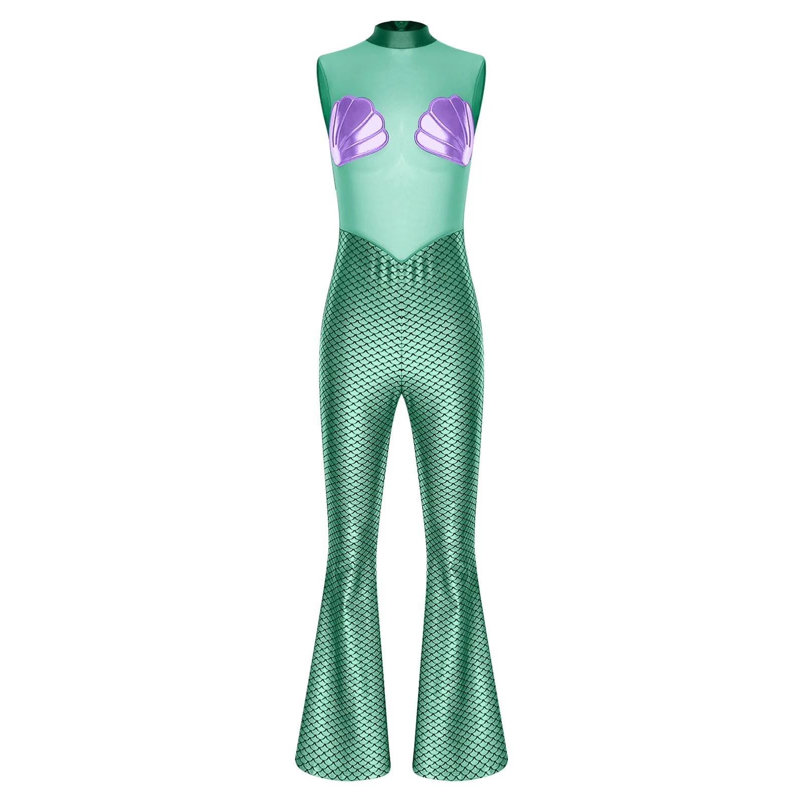 

Fish Scale Print Mermaid Cosplay Jumpsuits Women Sequins Scallop Cups Sleeveless Bodysuits for Mermaid Halloween Carnival Outfit