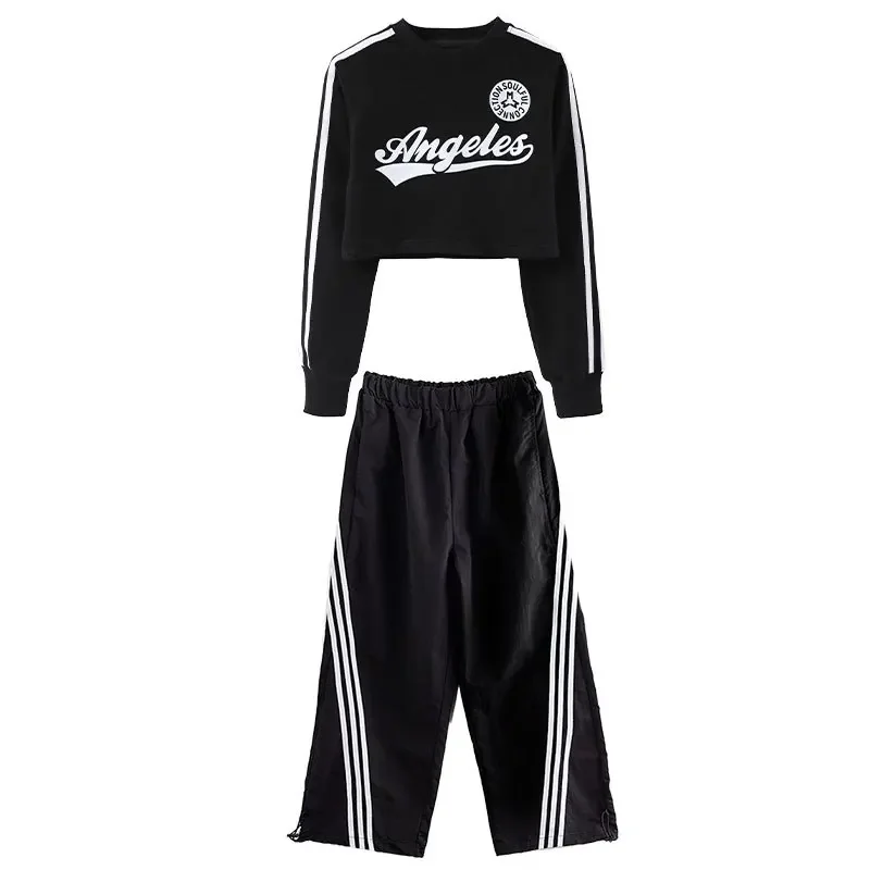 Pakaian Terusan anak perempuan, setelan rompi lengan panjang Hip-hop Jazz warna hitam musim gugur dan musim semi untuk anak perempuan